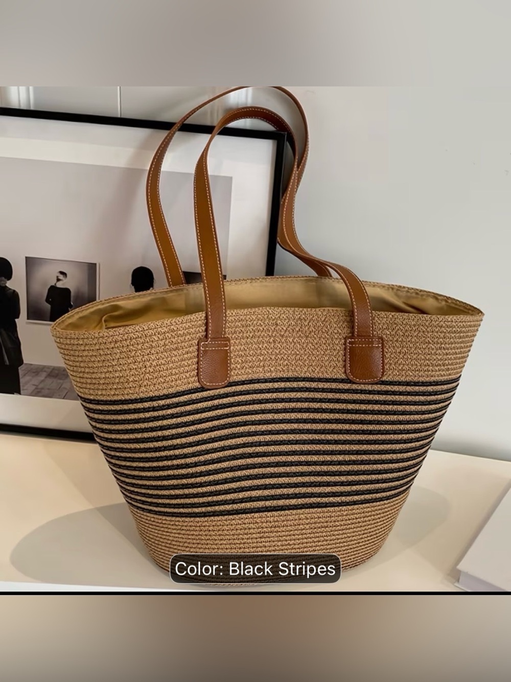 Striped Straw Tote with Black Accents and Brown Handles